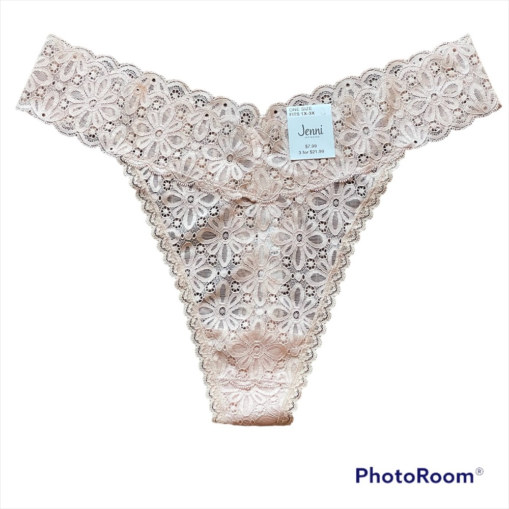 5/$25 NEW! Jenni Intimates cream lace thong panties PLUS SIZE OSFM (1X-3X)